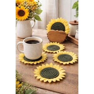 Handmade Sunflower Coasters Set 6 w Wood Apple Holder Farmhouse Rustic Decor